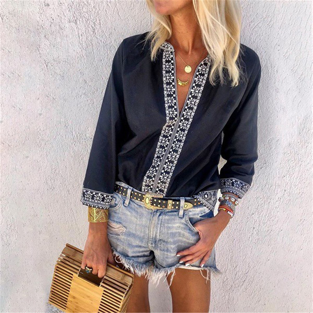 

Trendy Ethnic Print Crop-sleeve Blouse