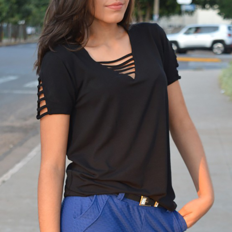 

Casual Solid Lace up Short-sleeve Top