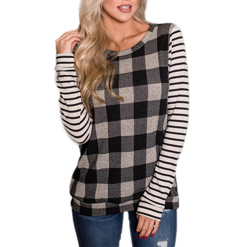 

Trendy Plaid Contrast Long-sleeve Tee