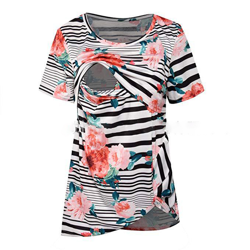 

Striped Allover Short-sleeve Nursing Top