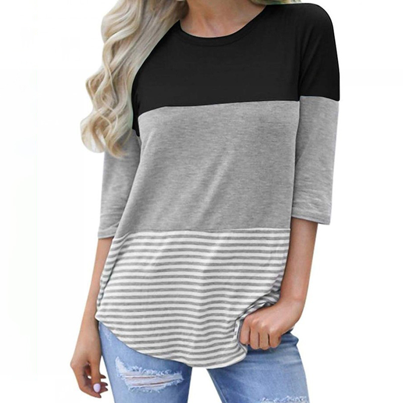 

Striped Color Contrast Crop-sleeve Tee