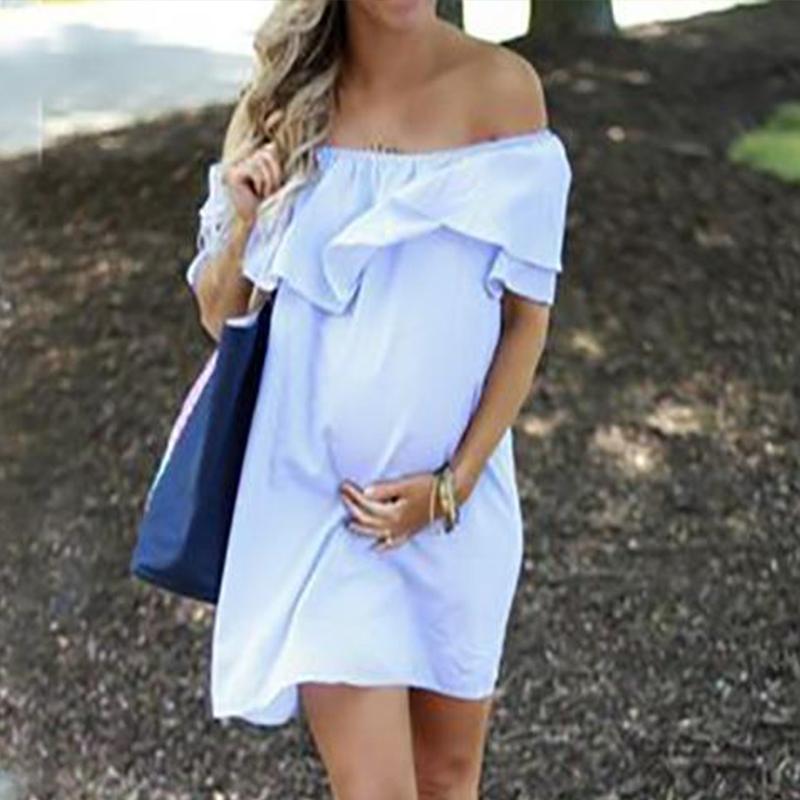 

Solid Off Shoulder Ruffle Maternity Dress