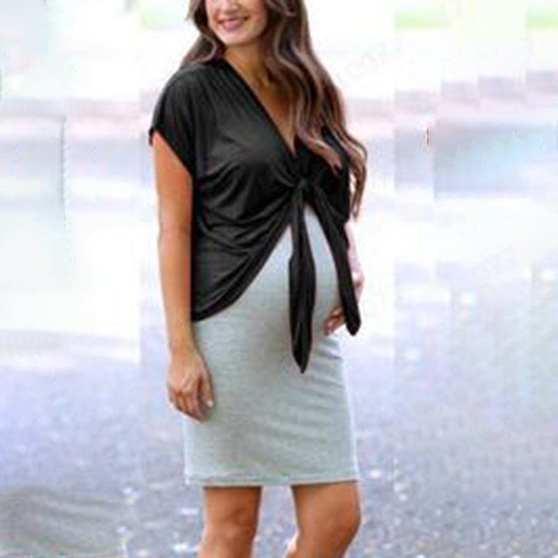 

Tie-up Solid Short-sleeve Top with Maternity Slip Dress