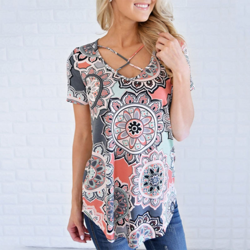 

Stylish Print Cross Tied Short-sleeve Top