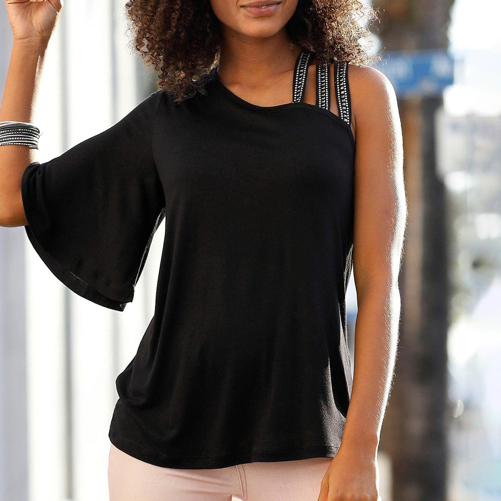 

Stylish Sequined Decor Irregular Sleeves Top