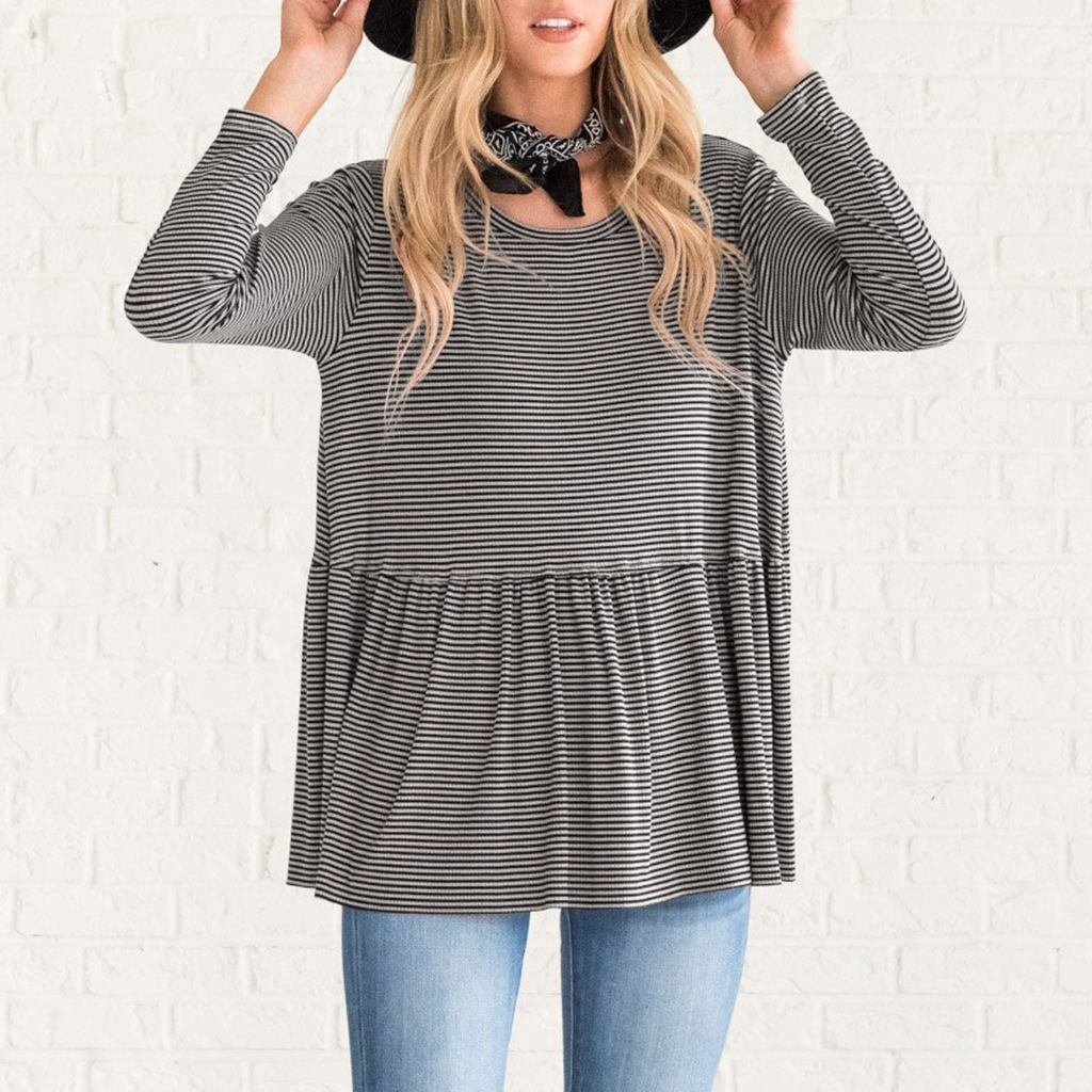 

Stylish Solid Striped Pleated Long-sleeve Top
