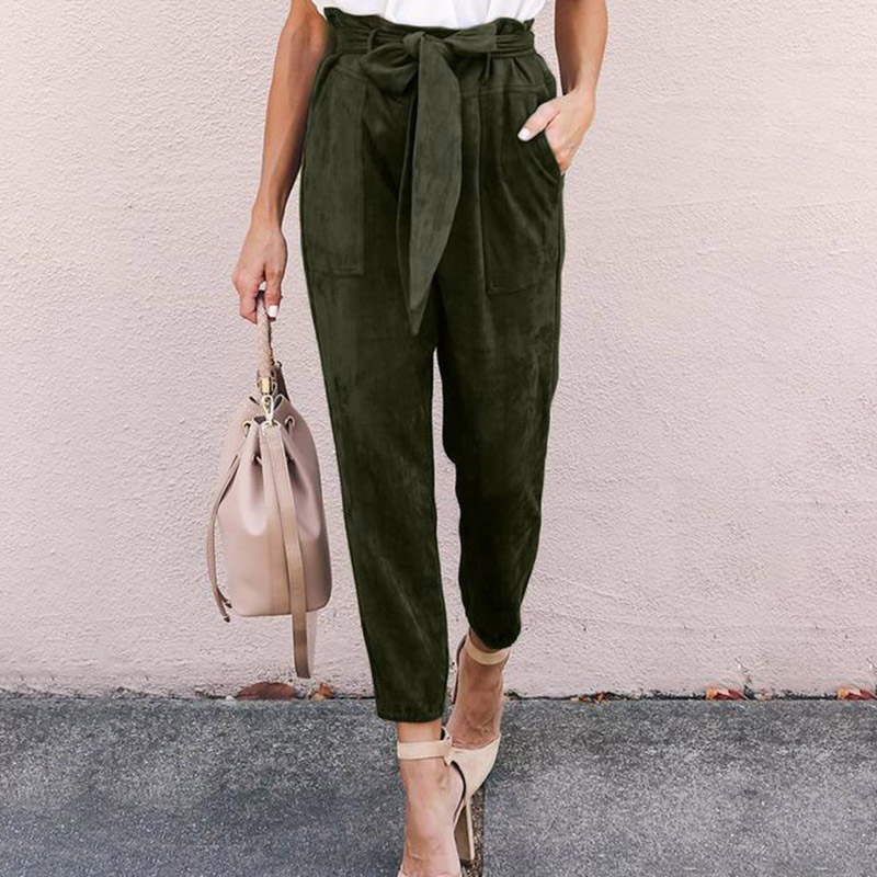 

Trendy Solid Tie-up Pants with Belt