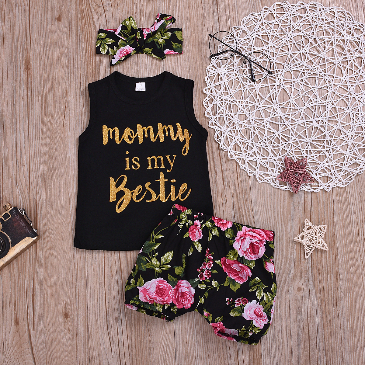 

Letter Print Tank Top and Floral Shorts Headband Set