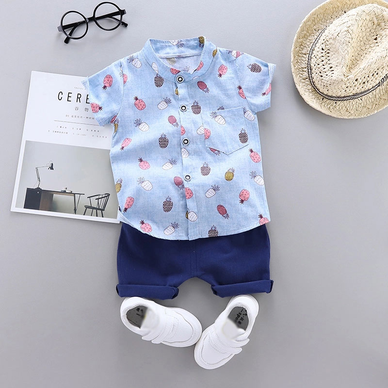 

Pineapple Print Short-sleeve Shirt and Solid Pants Set