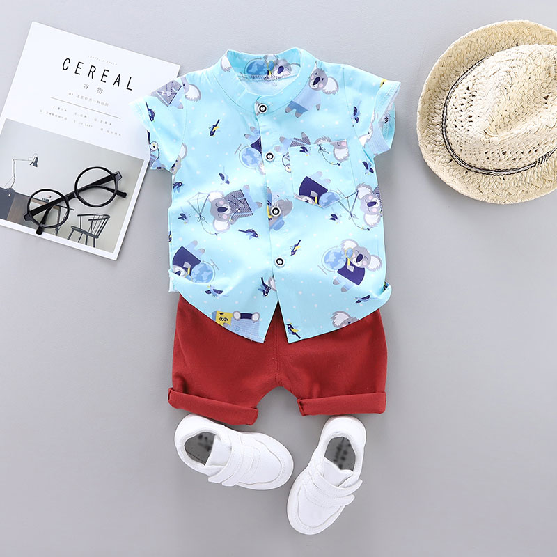 

Koala Print Short-sleeve Shirt and Solid Pants Set