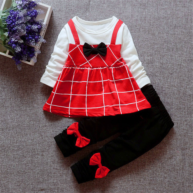

2pcs Baby Girl Long-sleeve Cotton Sweet Plaid Baby's Sets