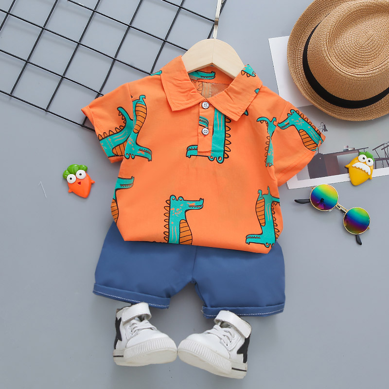 

2pcs Crocodile Allover Lapel Collar Short-sleeve Baby Set