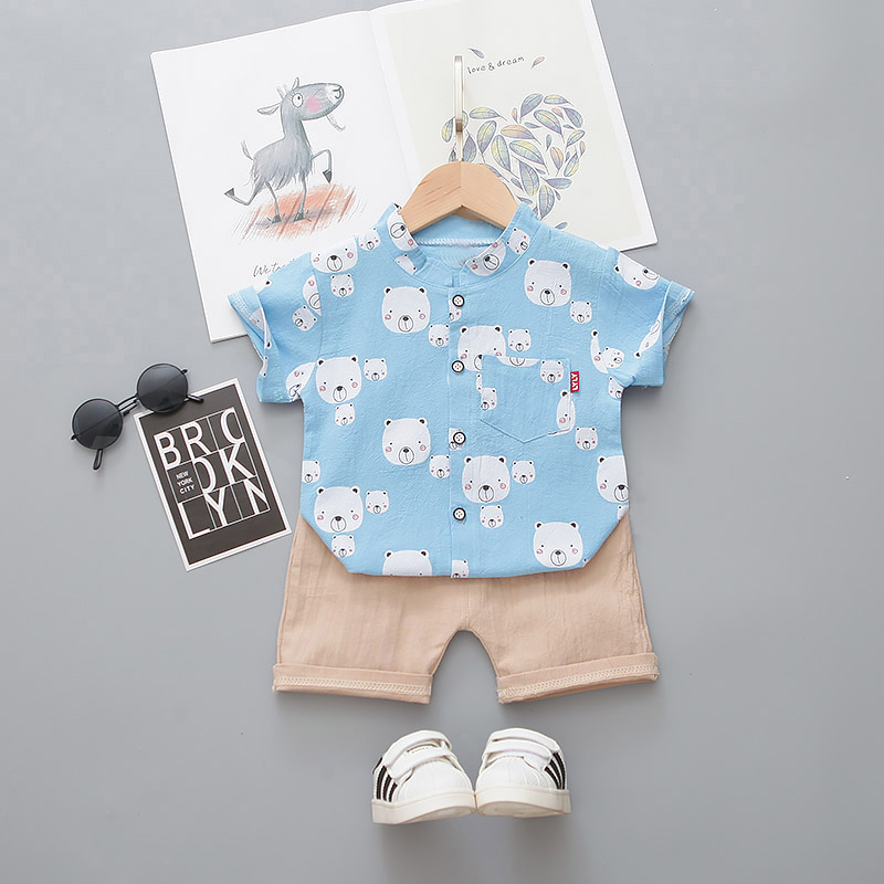 

2pcs Bear Allover Stand Collar Short-sleeve Baby Set