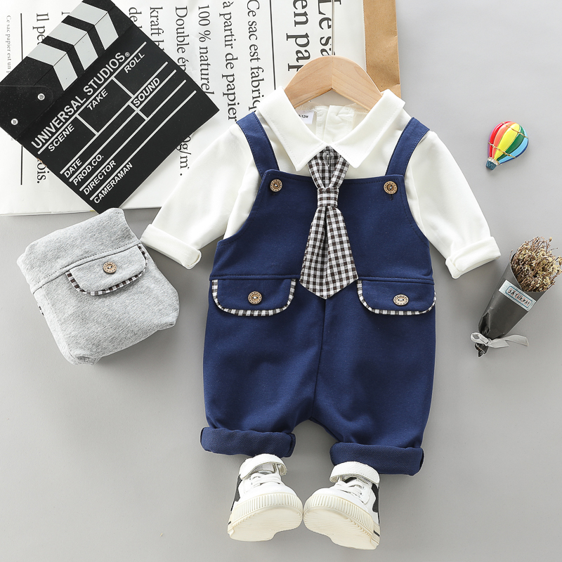

2pcs Solid Tie Decor Long-sleeve Shirt and Overalls Baby Set