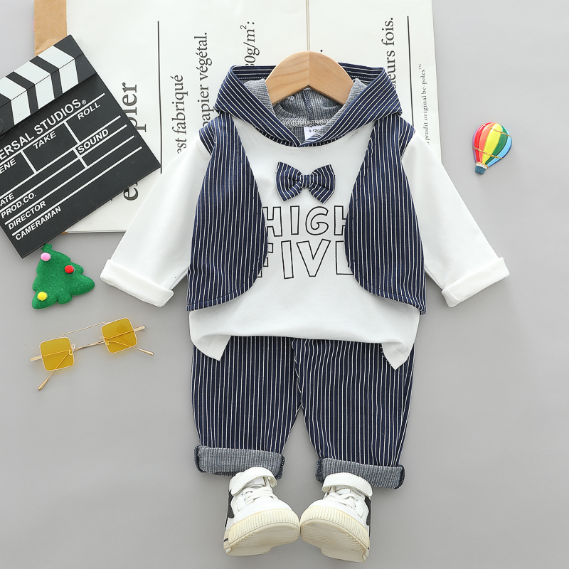 

2pcs Baby Striped Bowtie Hoodie Long-sleeve Faux-two and Trousers Set