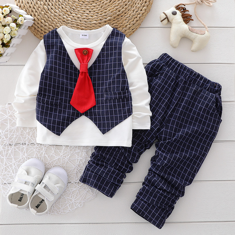 

2pcs Baby Gentleman Neck Tie Cotton Long-sleeve Faux-two Plaid Top and Trousers Set