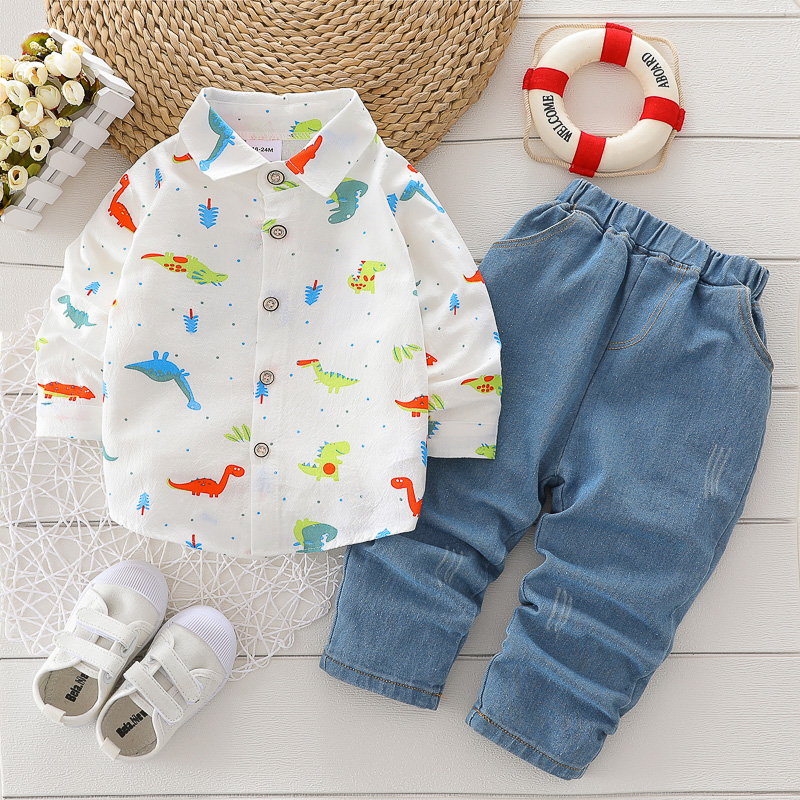 

2-piece Toddler Girl Dinosaur Print Button Design Lapel Collar Shirt and Letter Print Pants Set
