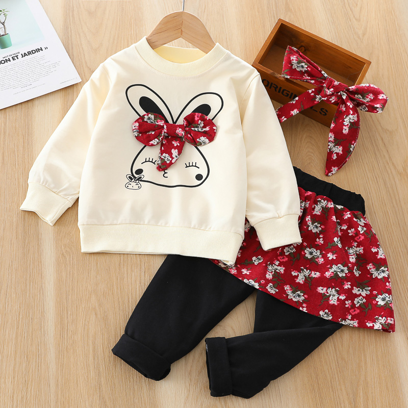 

3pcs Baby Cartoon Rabbit Print Long-sleeve Sweatshirt and Floral Print Skirted Trousers Set