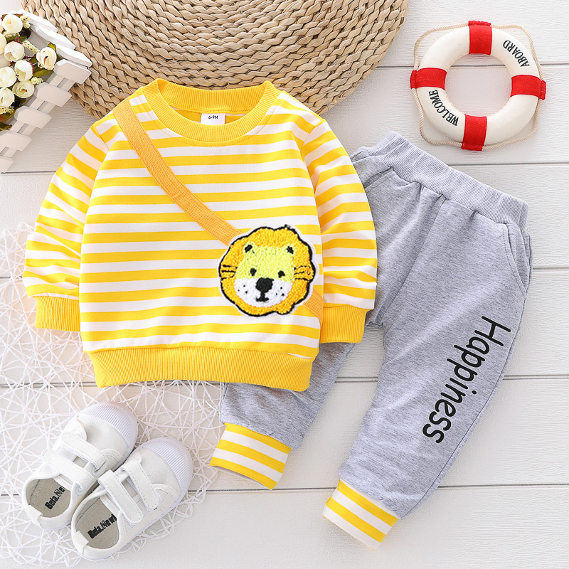 

2-piece Baby Boy Stripe Animal Lion Embroidered Sweatshirt and Letter Print Pants Set