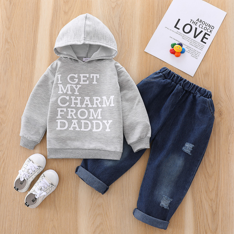 

2-piece Toddler Boy Letter Print Hoodie Sweatshirt and Ripped Denim Jeans Set