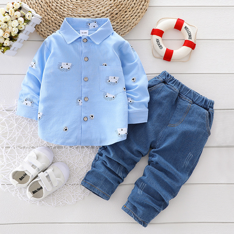 

2-piece Toddler Boy Animal Print Lapel Collar Button Design Long-sleeve Shirt and Denim Jeans Set