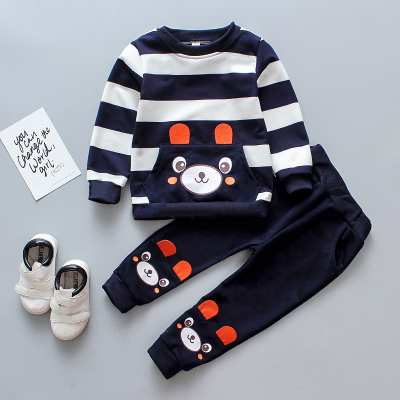 

2-piece Toddler Boy Bear Print Striped Sweatshirt and Pants Casual Set