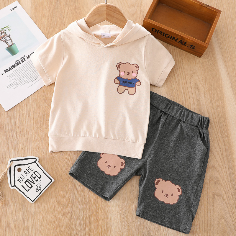 

2pcs Baby Boy Cartoon Bear Print Short-sleeve Hooded Top and Shorts Set