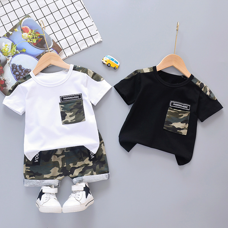 

2pcs Toddler Boy Casual Camouflage Letter Print Tee and Shorts Set