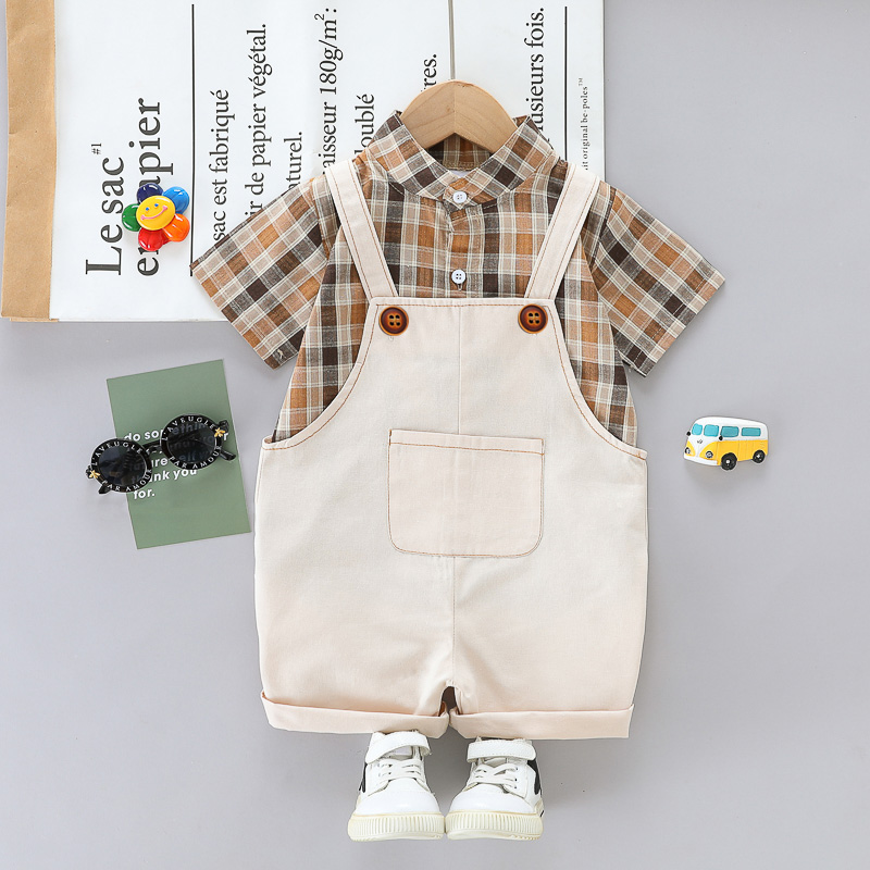 

2pcs Toddler Boy Playful Lapel Collar Plaid Shirt and Pocket Design Overalls Set