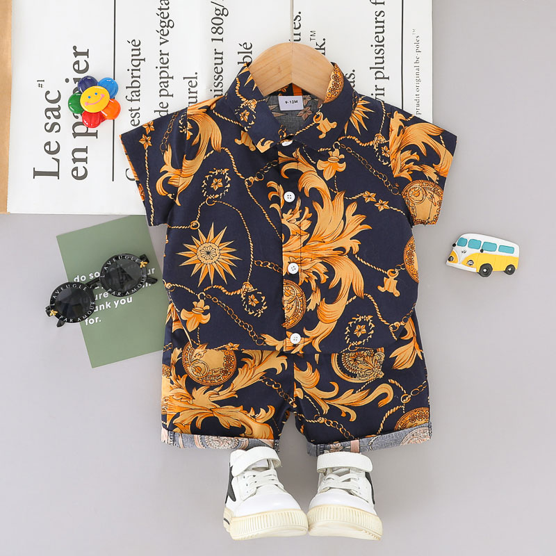 

100% Cotton 2pcs Baby Boy Allover Print Short-sleeve Button Up Shirt and Shorts Set