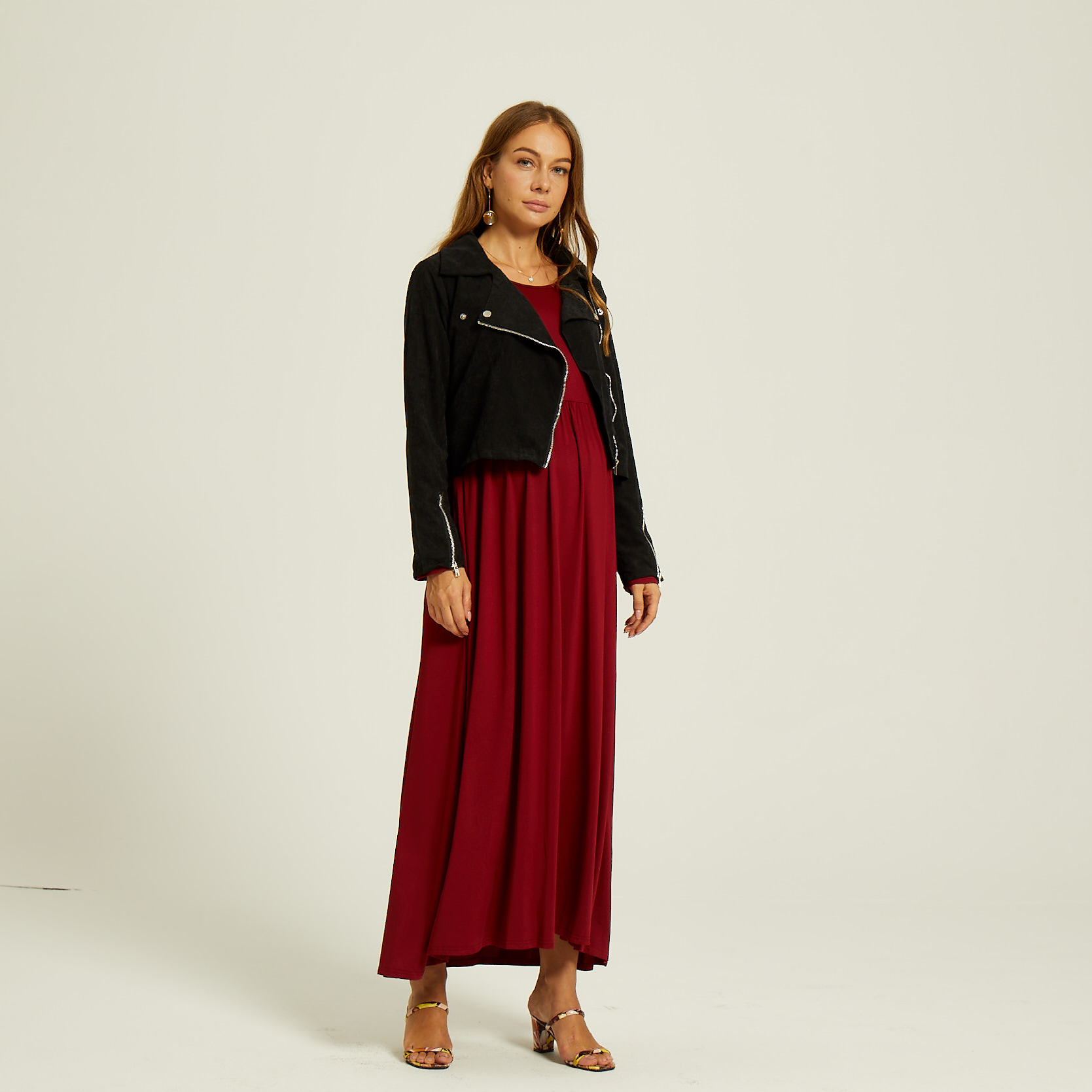 

Maternity Round collar Plain Maxi Slip Long-sleeve Dress