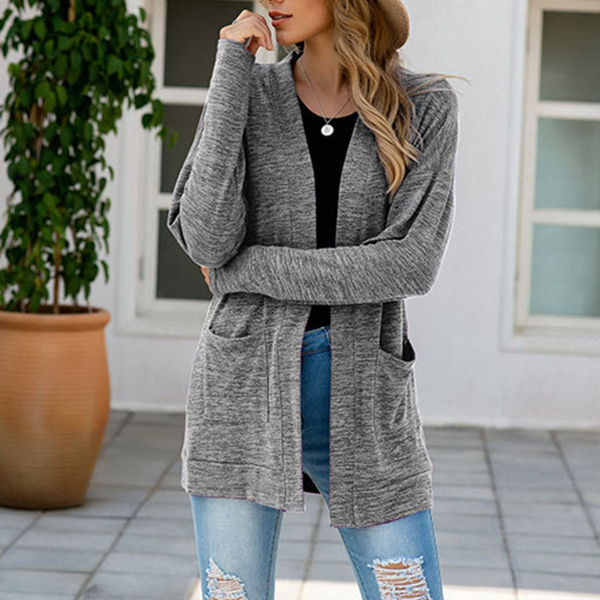 

Dual Pocket Open Front Long-sleeve Grey Knit Cardigan