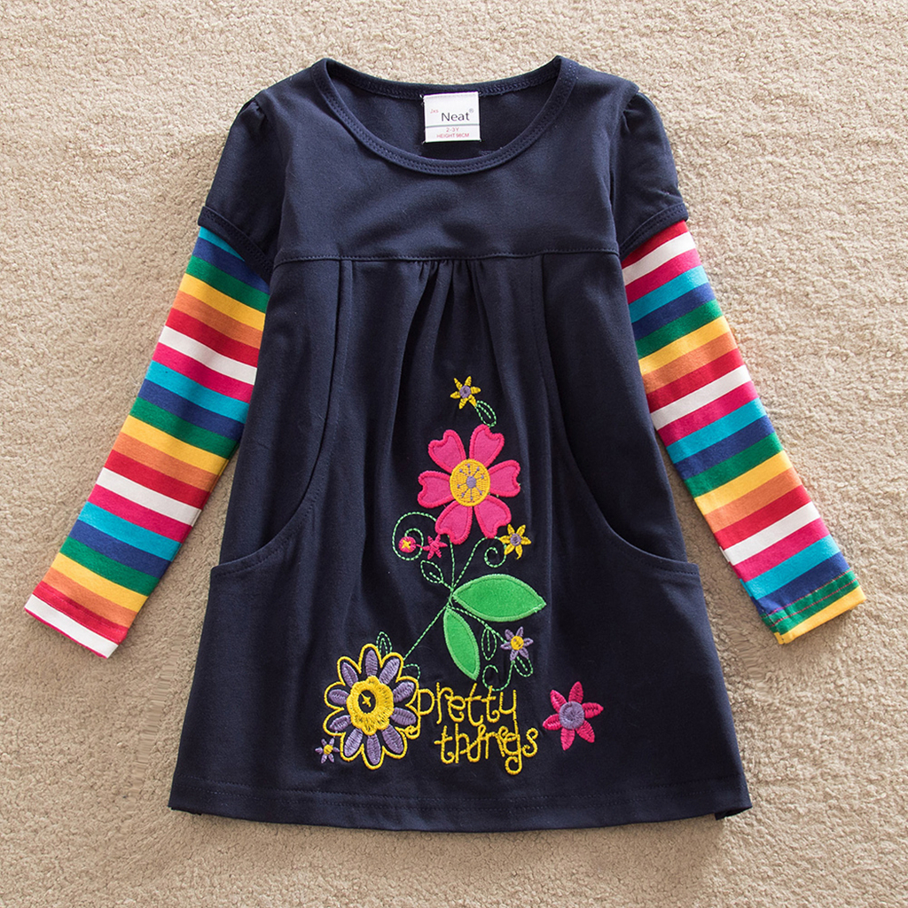 

Stylish Embroidered Flower Pocket Design Colorful Sleeve Dress