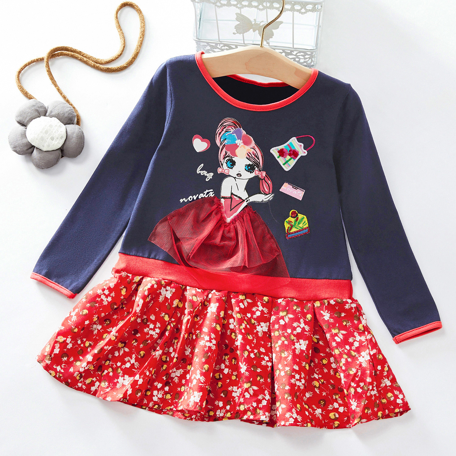 

Toddler Girl Floral Print Cartoon Long-sleeve Dress