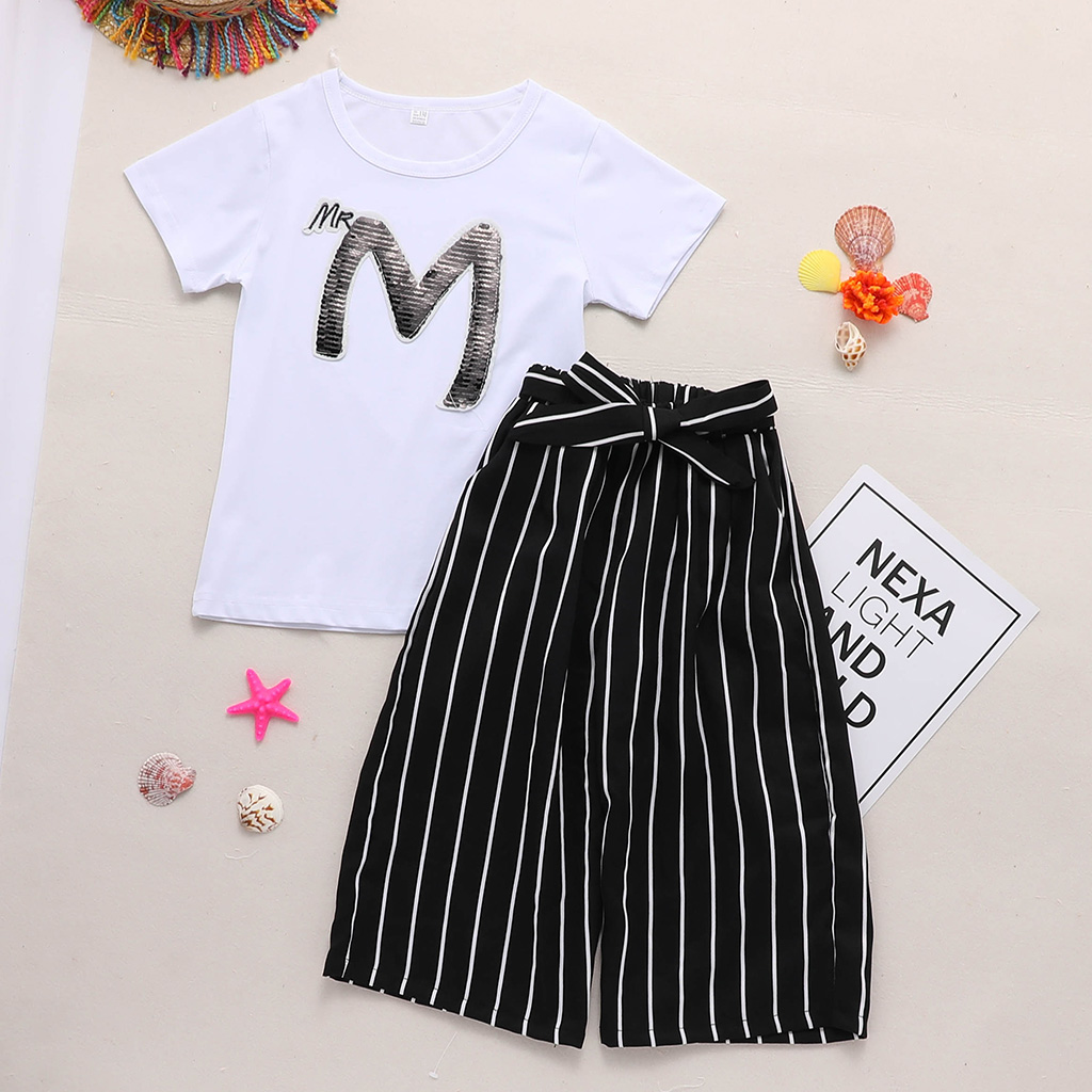 

Casual Letter Print Short-sleeve Top and Striped Pants Set