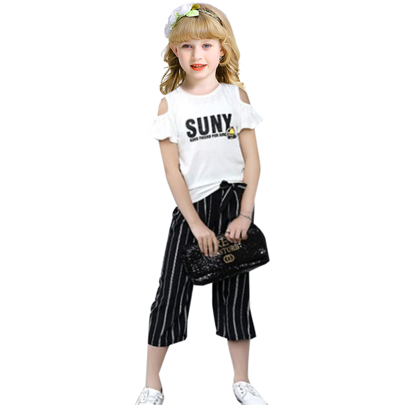 

2-piece Cold Shoulder Tee and Striped Pants Set