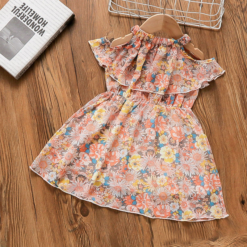 

Toddler Girl Floral Print Cold Shoulder Doll Collar Chiffon Dress