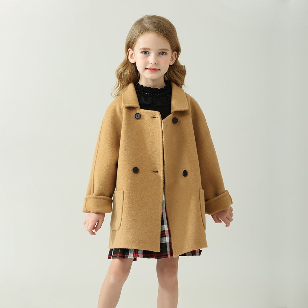 

Toddler Girl Double Breasted Lapel Collar Pocket Design Khaki Coat
