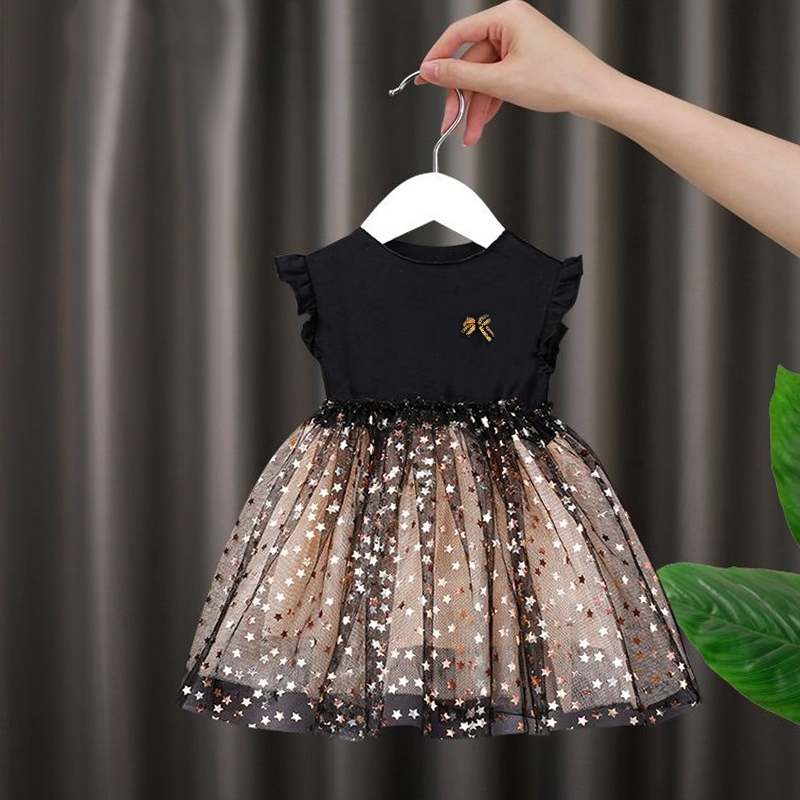 

Toddler Girl Star Glitter Bowknot Decor Flutter-sleeve Mesh Splice Dress