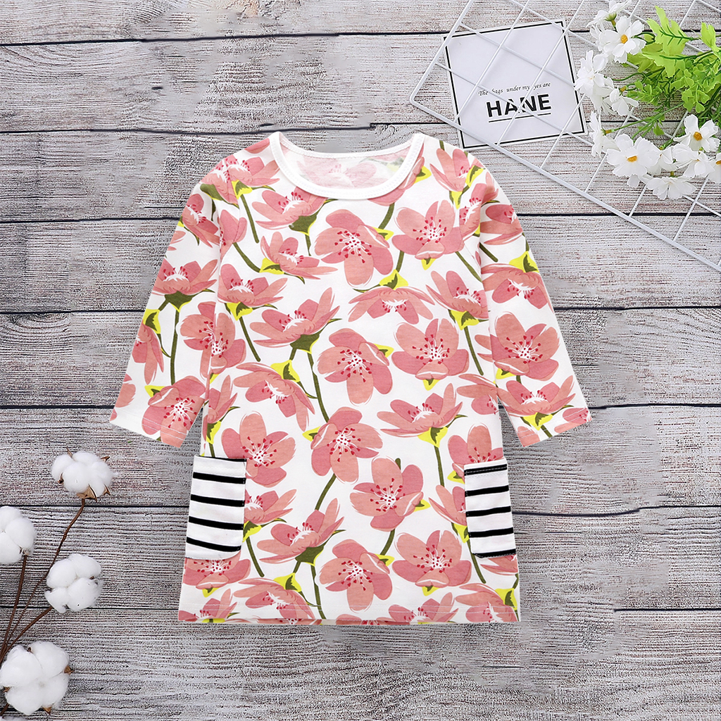 

Stylish Big Flower Allover Stripe Pocket Long-sleeve Dress