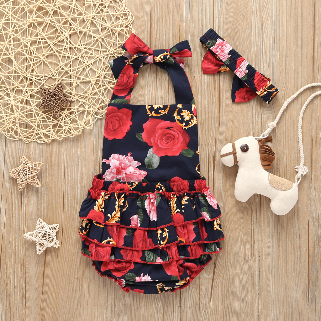 

Baby Floral Halter Design Cake Style Bodysuit and Headband