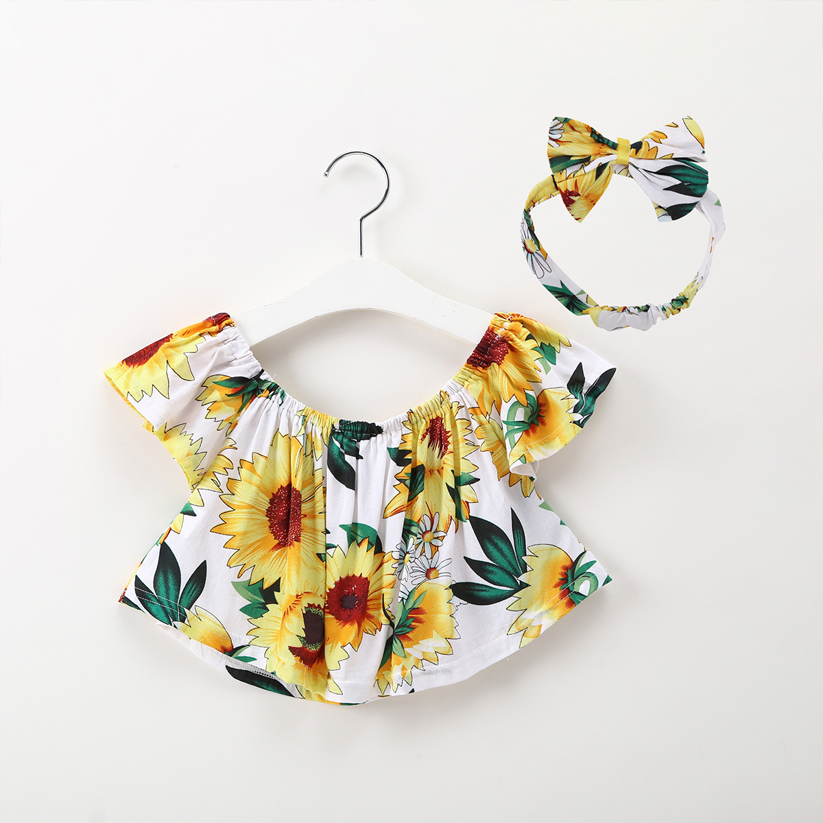 

Baby / Toddler Girl Sunflower Off Shoulder Top and Headband Set