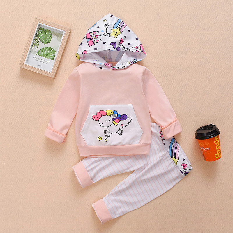 

Printed Long Sleeve Hoodie Striped Pants Two Piece Set