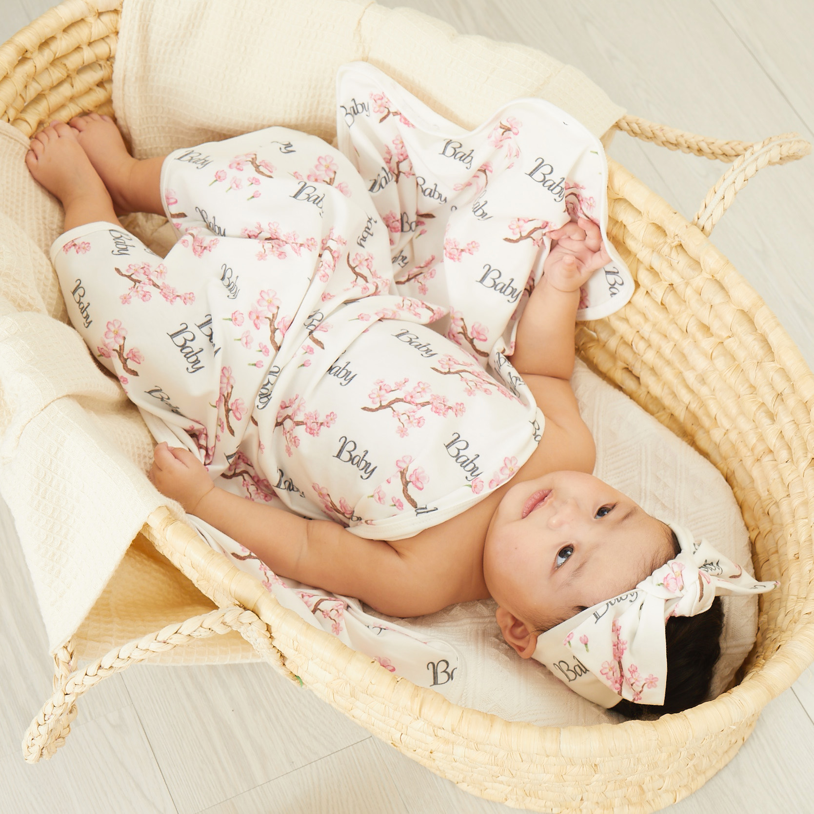 

Newborn Baby Floral Plum Cotton Swaddle Blanket Girl Boys Infant Swaddle Wrap Headband 2-piece