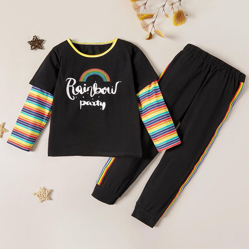 

Trendy Letter Rainbow Print Striped Faux-two Tee and Pants Set