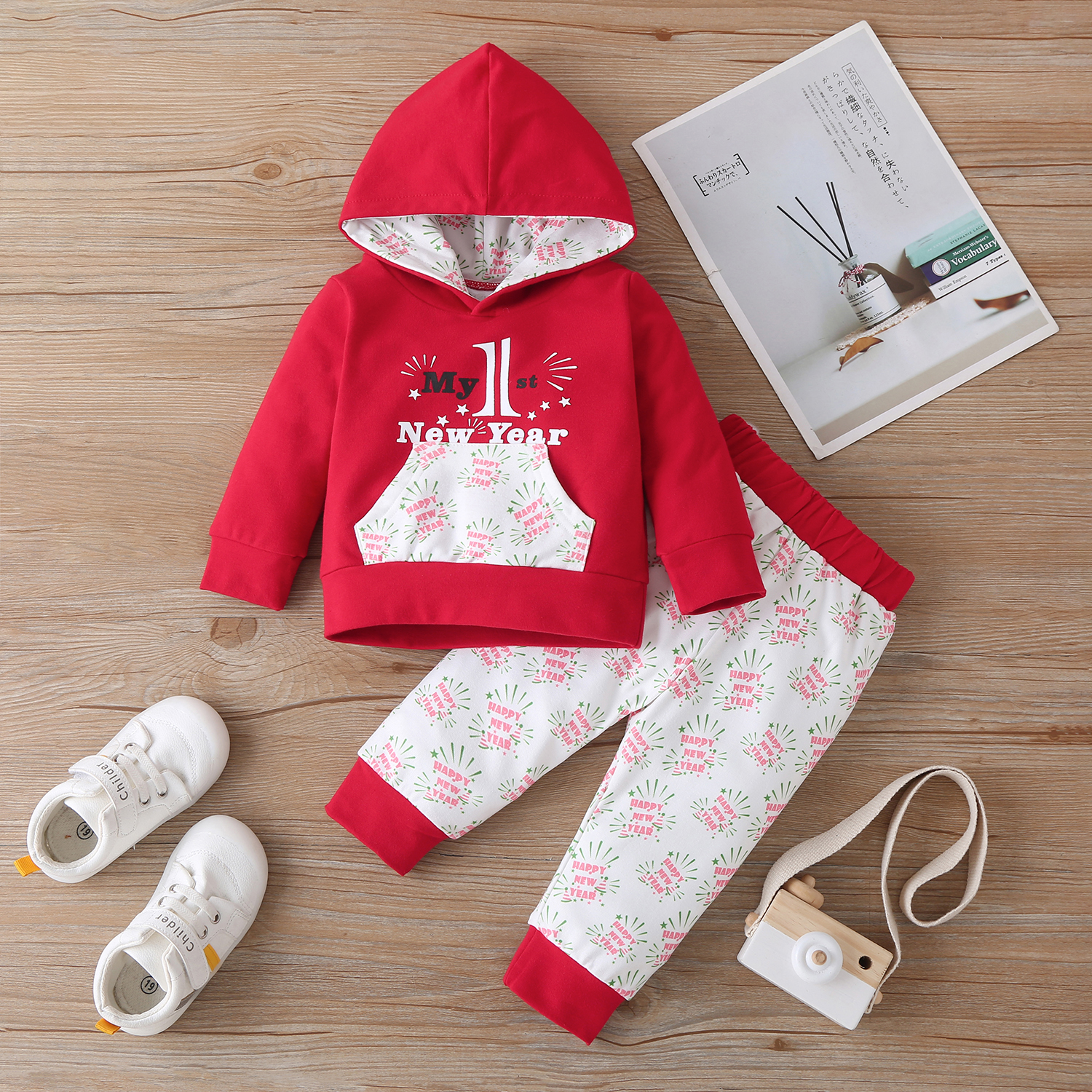 

2pcs Baby New Year Long-sleeve Cotton Hooded Unisex casual Letter Baby's Sets