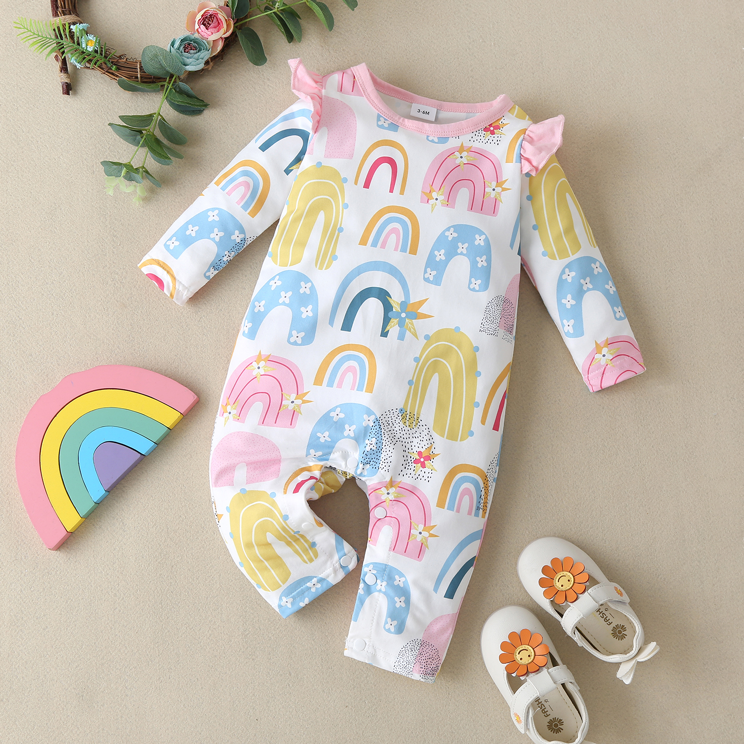 

Baby Rainbow Print Long-sleeve Jumpsuit