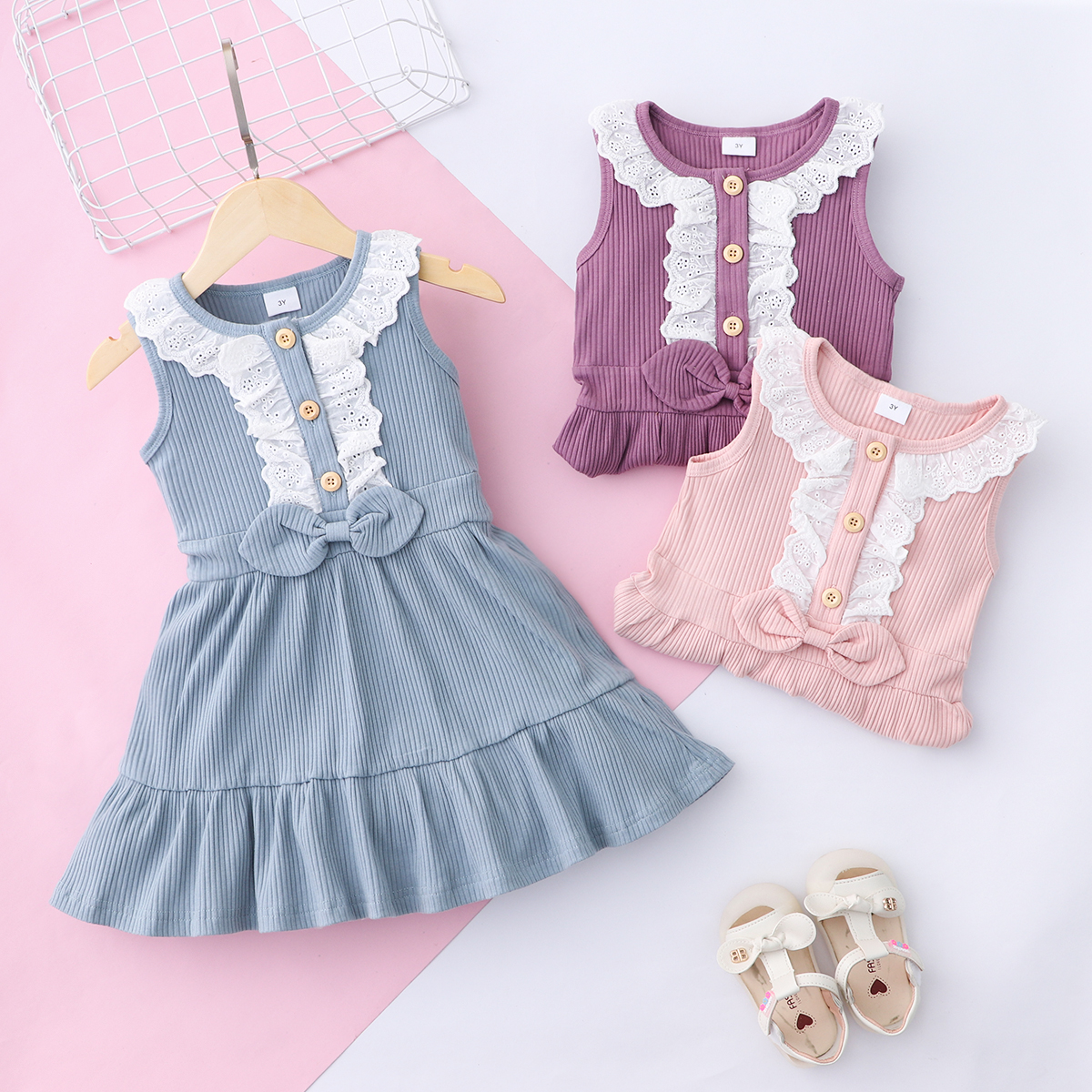 

Baby / Toddler Girl Solid Bowknot Sleeveless Dress