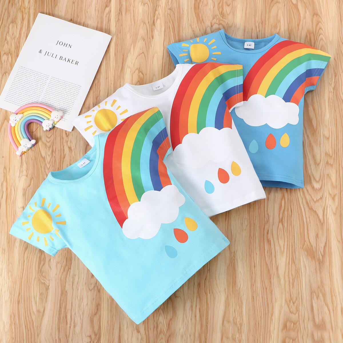

1pc Toddler Unisex casual Cotton Short-sleeve Rainbow Sun Tee