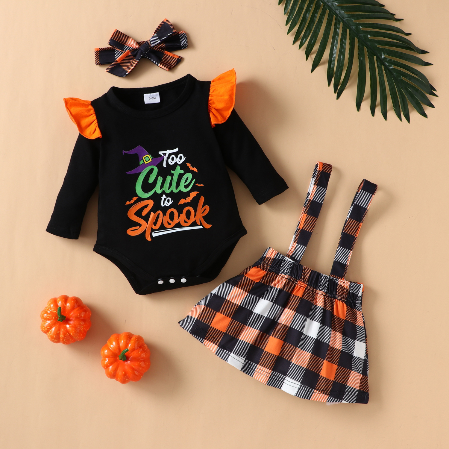 

3pcs Halloween Style Letter and Plaid Print Long-sleeve Black Baby Set